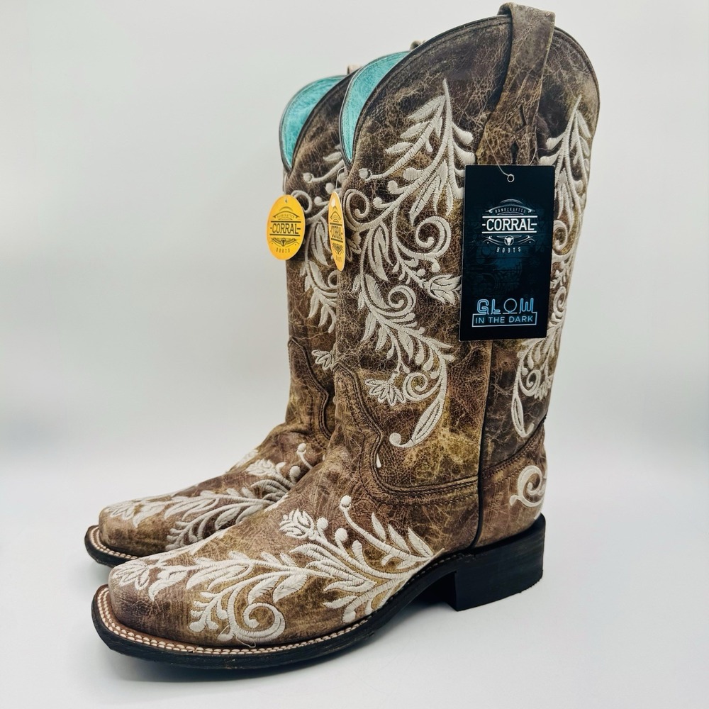 Corral Glow In The Dark Boots Women's Size 11 White Floral Brown Leather
